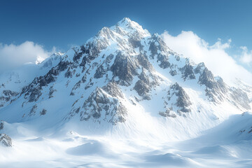 Obraz premium Majestic mountain peaks covered in snow, standing tall against a clear blue sky. Concept of Earth's diverse terrains.