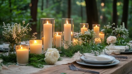 Elegant outdoor dining setup with candles and flowers in a forest during golden hour