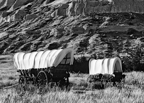 USA, Nebraska, Scotts Bluff National Monument. Covered wagons in field. 