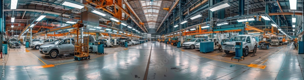 Aufkleber wideangle shot of a modern automotive factory assembly line with high ceilings and advanced manufact
