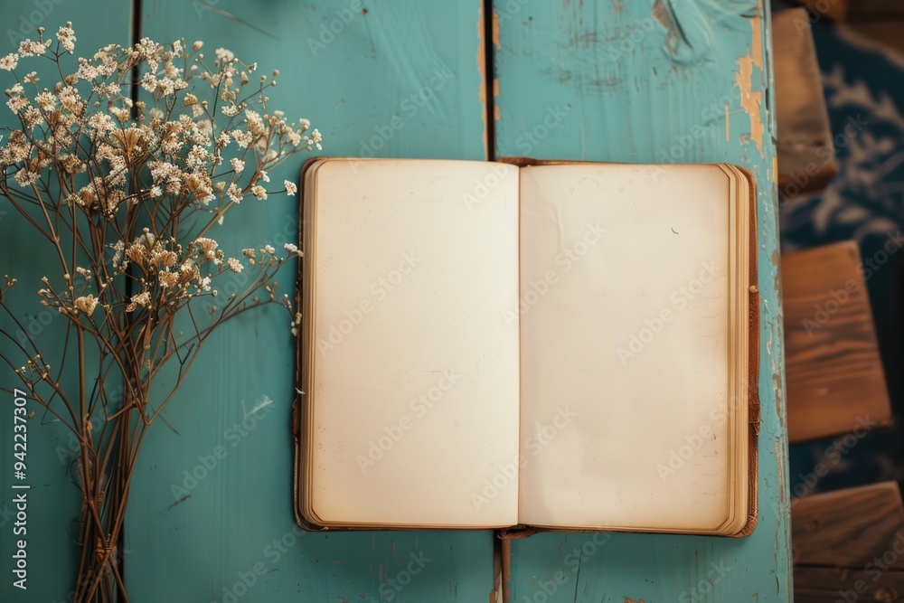 Poster a open book sits on a wooden table, waiting to be read