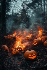 Naklejka premium Glowing jack-o'-lanterns with flames illuminating a dark forest path during Halloween night