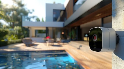 Modern security camera overlooking luxurious backyard pool and contemporary outdoor space on a sunny day.