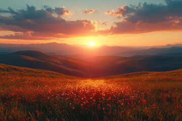 Fototapeta premium A sunset casting a warm glow over rolling hills and distant mountains. Concept of Earth's daily cycles and natural rhythms.