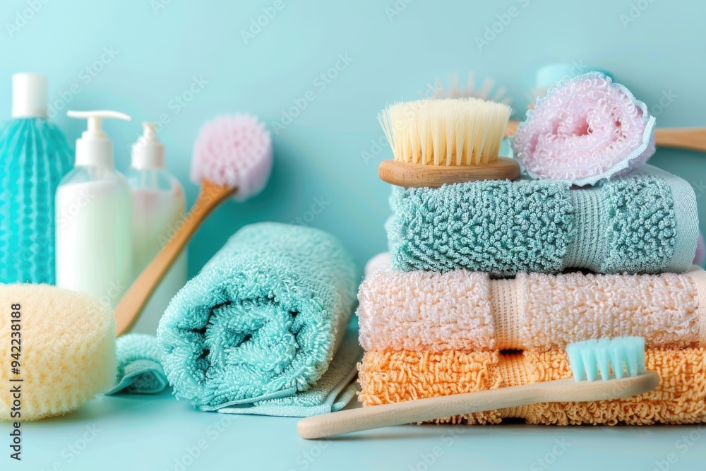 Poster a collection of towels and a toothbrush placed neatly on a table, perfect for use in still life phot