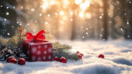 Obraz premium A beautifully wrapped Christmas gift surrounded by festive ornaments and greenery