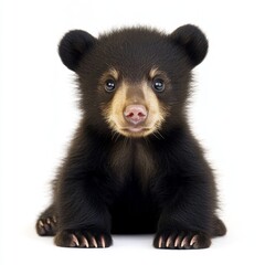 Obraz premium A cute black bear cub sits on a white background, looking directly at the camera with big, innocent eyes.