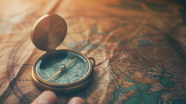 wanderlust and explore concept, old compass lying on map, top view, space for text, vintage toned image