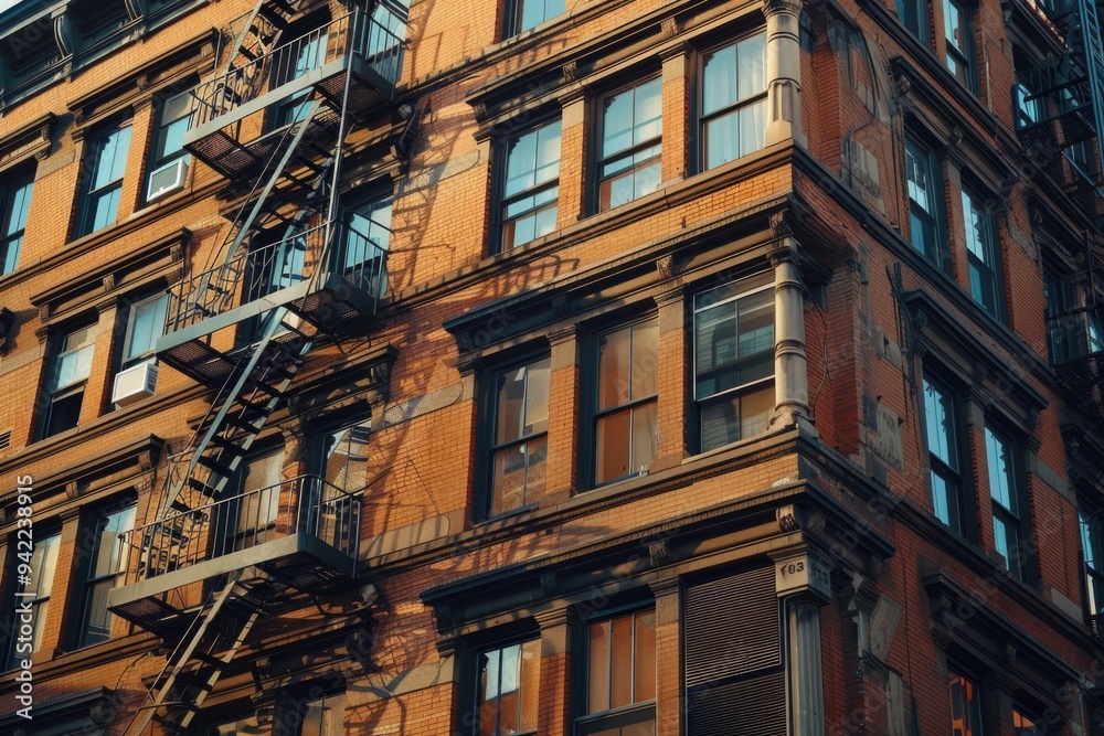 Poster A high-rise building with many windows and a fire escape ladder, suitable for use in architecture or cityscape photography