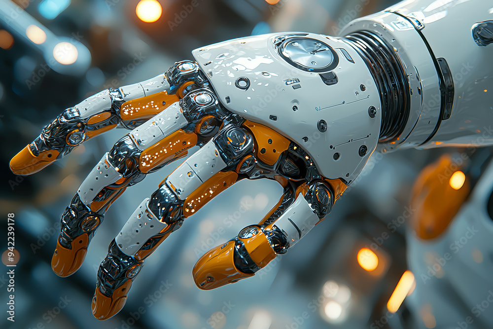 Poster a roboticist programming a robotic arm, perfecting its movements. concept of robotics and artificial