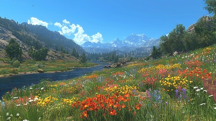 Obraz premium A field of diverse wildflowers surrounded by mountains on a riverbank in a mountainous region