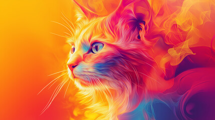 A cat against a rainbow colourful background