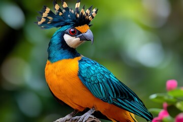 Fototapeta premium Beautiful birds with vibrant, multi-colored feathers highlighted in a close-up photo, showcasing their stunning beauty