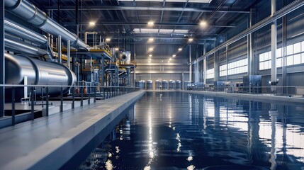 Obraz premium A wide shot of a factory interior with a large pool of water in the center.