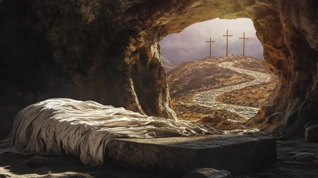 The Empty Tomb of Jesus, Overlooking the Hill of Golgotha Where the Crosses Stand, a Solemn Reflection of the Crucifixion and Resurrection
