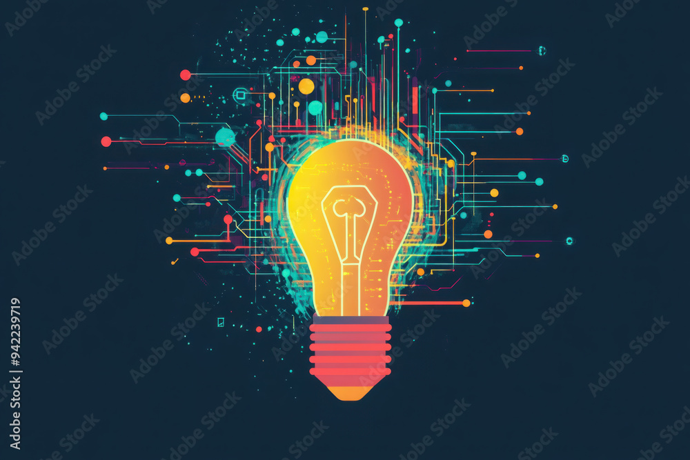 Wall mural glowing lightbulb surrounded by colorful digital circuits, symbolizing innovation, technology, and c