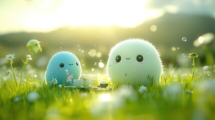   A couple of eggs resting on a verdant field beside a steaming cup and a feast