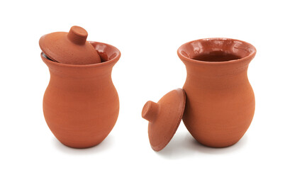 Clay pot with lid isolated on white background. Ceramic dishes for storing honey, liquids and other products.