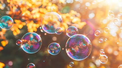   A collection of soap bubbles drifting before a tree with sunlight filtering through the foliage behind