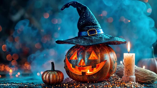 Halloween Pumpkin with Witch Hat and Candle