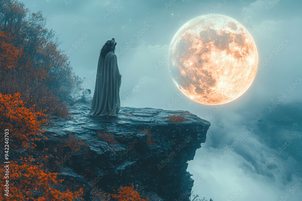 Canvas Prints a full moon shining brightly over a werewolf howling on a cliff. concept of halloween mythology and 