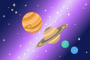 Naklejka premium Planets size comparison on Galaxy background. Science for children. Astronomical vector illustration for school supplies, poster, print.