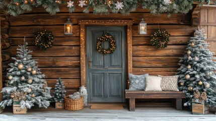Cozy winter porch decorated with festive lights and snow-covered trees in a serene setting
