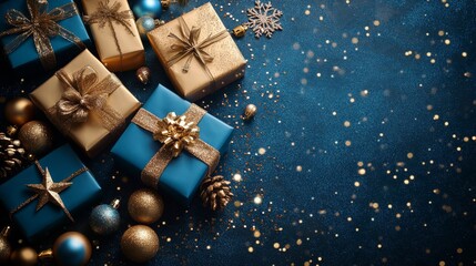 Blue gift boxes adorned with gold ribbons on a festive table during the holiday season
