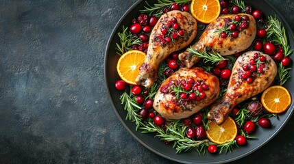 Succulent roasted chicken drumsticks with cranberries and oranges on a rustic backdrop