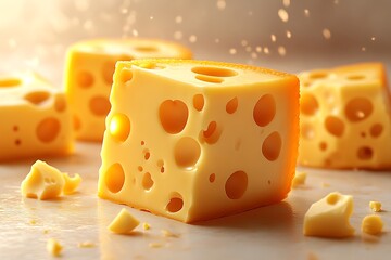 Playful cartoon illustration of Maasdam cheese pieces on a white background.