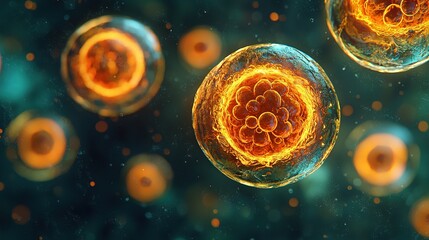  Orange and yellow cells float on dark blue liquid with yellow and orange bubbles