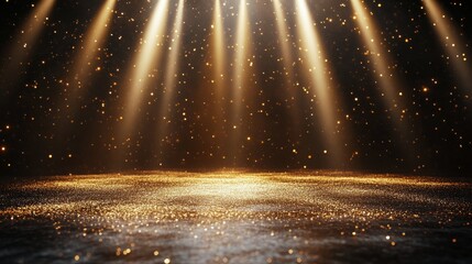 Golden sparkles illuminate the stage with light rays creating a magical atmosphere