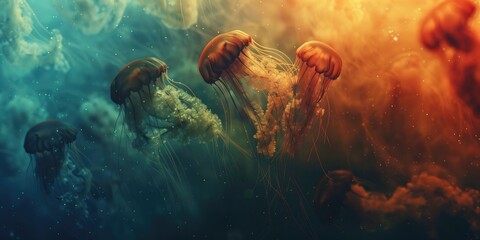 Underwater Swim of Sea Lung Jellyfish in the Ocean