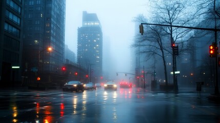 Naklejka premium Moody Urban Scenes: Misty Cityscapes and Rainy Streets