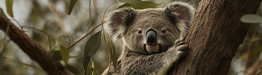 Obraz premium A fluffy grey koala clings to a eucalyptus tree trunk in a lush Australian forest, looking directly forward.