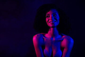 Photo of fancy happy woman naked shoulders enjoying self acceptance empty space isolated neon purple color background