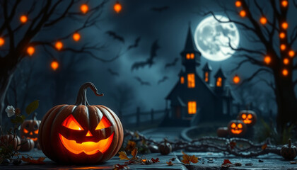  Spooky Halloween Pumpkin Illustration with Glowing Jack-O'-Lanterns on Nightmare Background - Halloween Night Concept