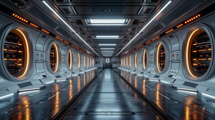 a futuristic hallway with a lot of windows and lights