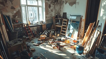 Tools and building materials are scattered across the floor of a room, illuminated by sunlight streaming through a large window
