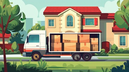 Obraz premium A white delivery truck with a full load of cardboard boxes parked in front of a suburban house.