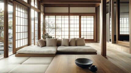 Scandinavian-Japanese fusion living room. The minimalistic and organic aspects of Japanese design. The room is very clean and well-lit.