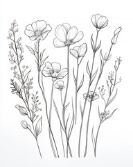 A monochrome illustration of various wildflowers with intricate details.
