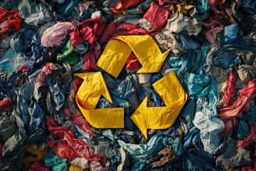 Creative representation of recycle symbol made from a variety of clothing items in photography