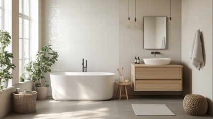 Fototapeta premium Scandinavian modern bathroom a contemporary take on Scandinavian style. The mood of the room is cozy and inviting.