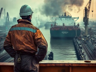 Industrial worker overseeing harbor operations in a dynamic maritime environment photograph