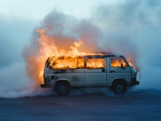 Dramatic image of a van engulfed in flames and smoke against a striking blue backdrop