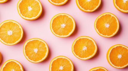 Fototapeta premium Halved oranges on pink background with repeating pattern.