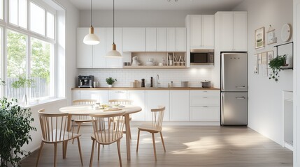 Fototapeta premium Scandinavian modern kitchen a contemporary take on Scandinavian style. The mood of the room is cozy and inviting.