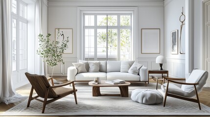 Fototapeta premium Scandinavian modern living room a contemporary take on Scandinavian style. The mood of the room is cozy and inviting.
