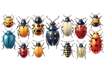 Fototapeta premium A vibrant illustration showcasing a variety of colorful beetles and ladybugs on a clean white backdrop.